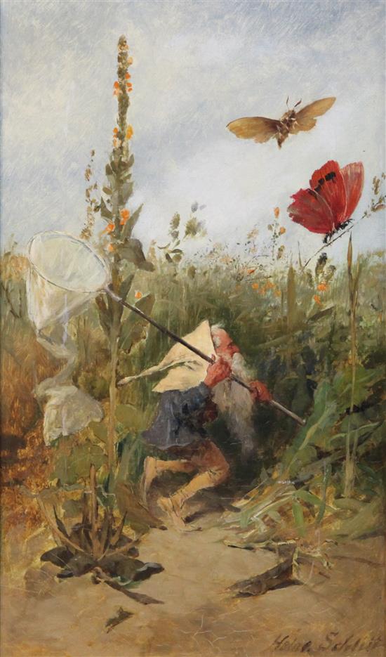 Heinrich Schlitt (1849-1923) Pixies chasing butterflies and smoking upon a toadstool, 13 x 8in.